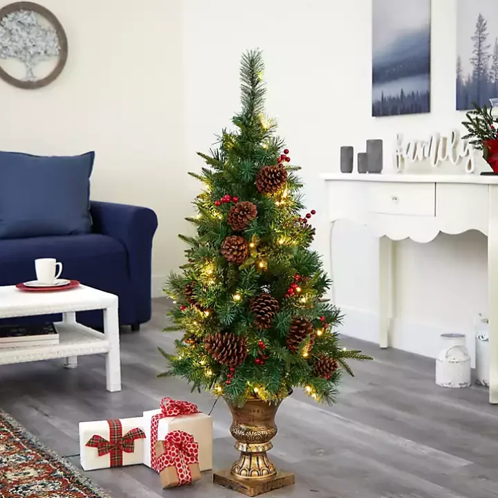 4 ft. Pre-Lit Berry and Pine Cones Tree in Urn