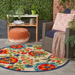 Abstract Floral Outdoor Round Area Rug, 5 ft.