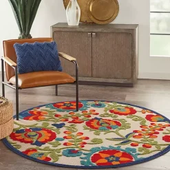 Abstract Floral Outdoor Round Area Rug, 5 ft.