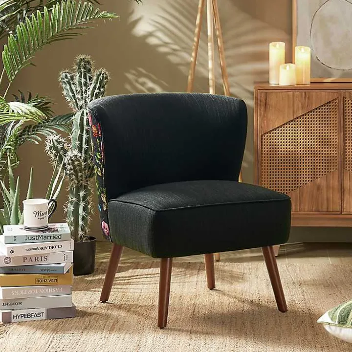Alex Black Upholstered Floral Back Accent Chair