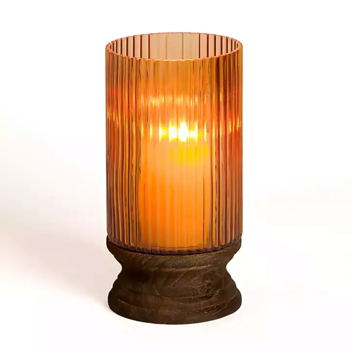 Amber Glass and Wood Hurricane, 13 in.