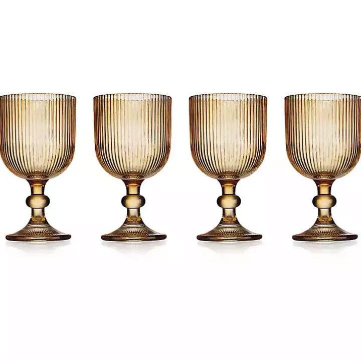 Amber Ribbed Goblet Wine Glasses, Set of 4