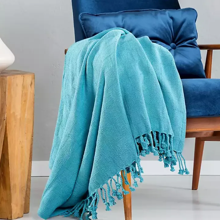 Angel Blue Checkered Weave Fringe Throw