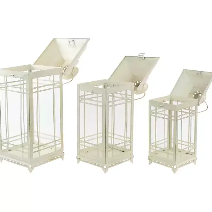 Antique Cream Metal Lanterns, Set of 3