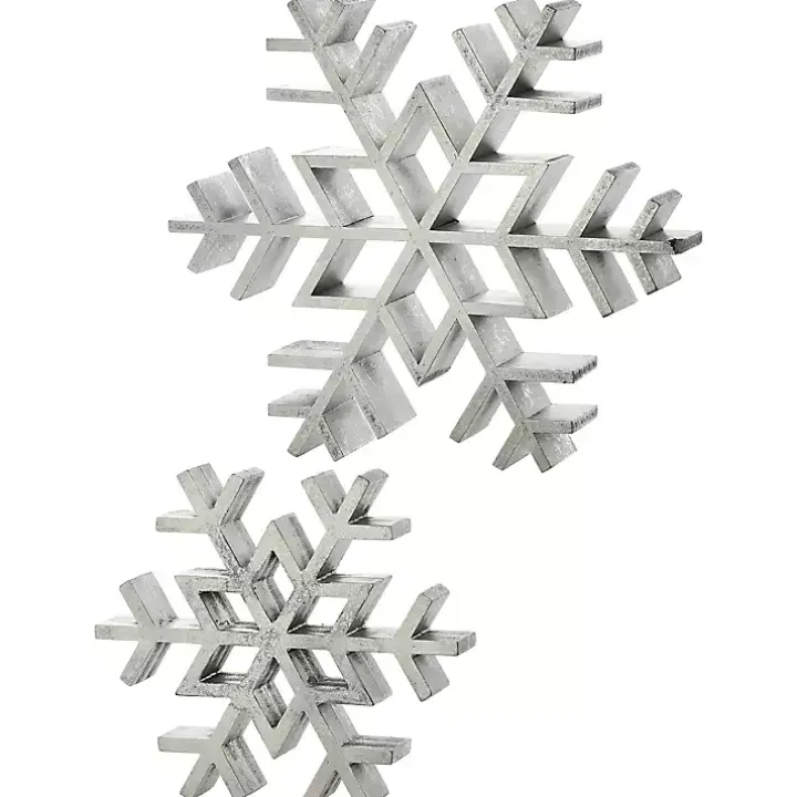 Antique Silver Wooden Snowflakes, Set of 2