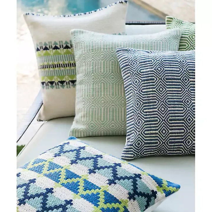 Aquamarine Woven Geometric Outdoor Throw Pillow