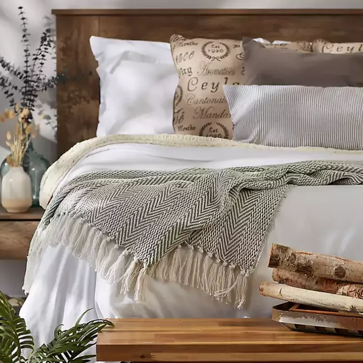 Artichoke Green Herringbone Fringe Throw