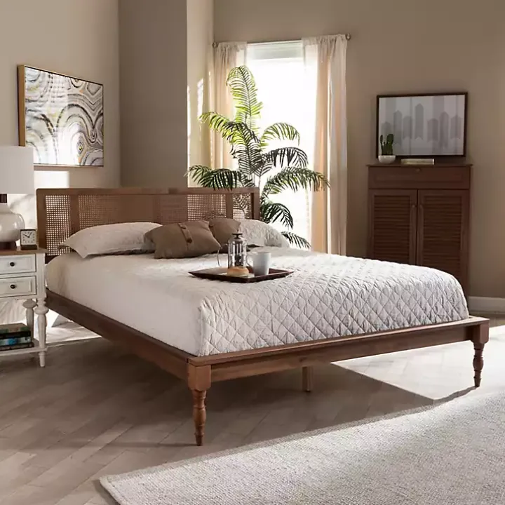 Ash Walnut Wrap-Around Rattan Platform Queen Bed