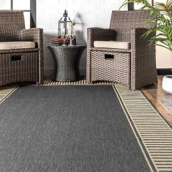 Asia Gray Stripe Border Outdoor Rug, 8x10