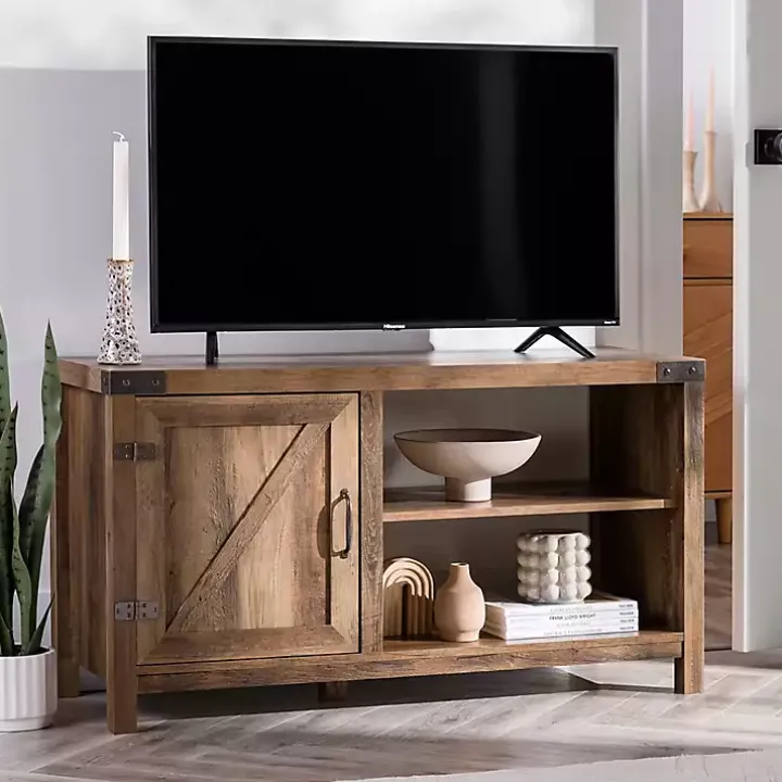 Barn Door Rustic Oak TV Stand with Open Shelves