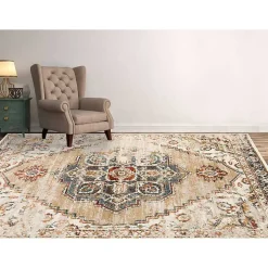 Beige and Gold Medallion Area Rug, 5x7