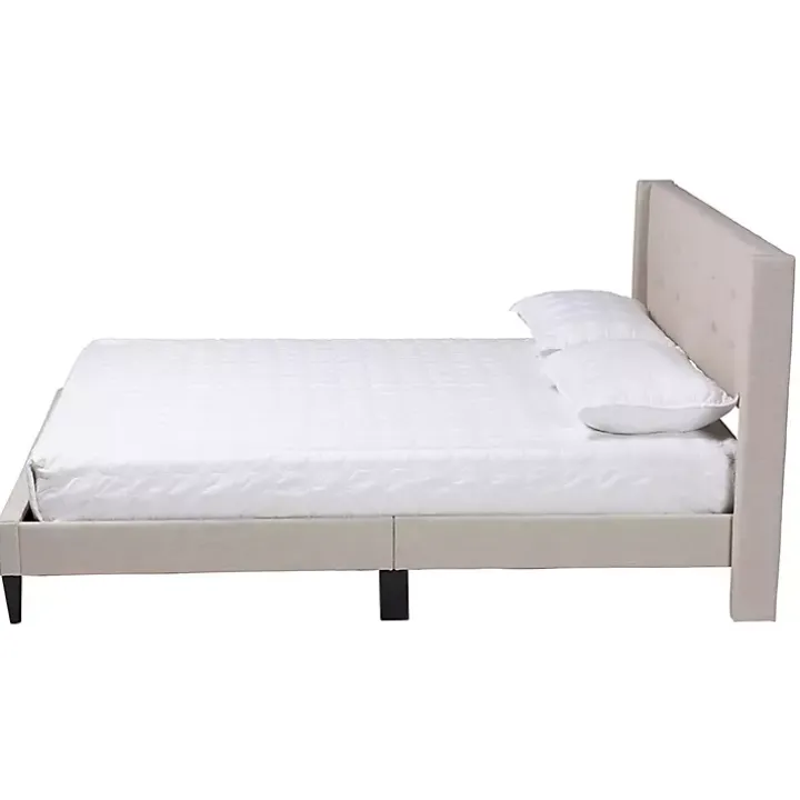 Beige Button Tufted Headboard Queen Bed Frame