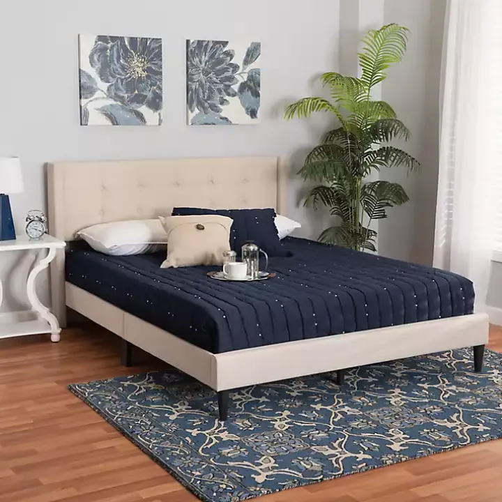 Beige Button Tufted Headboard Queen Bed Frame
