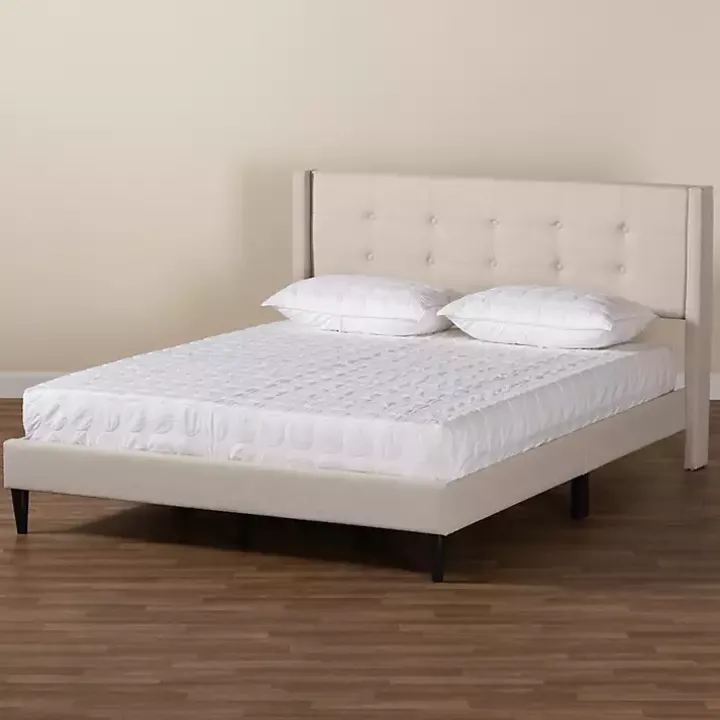 Beige Button Tufted Headboard Queen Bed Frame