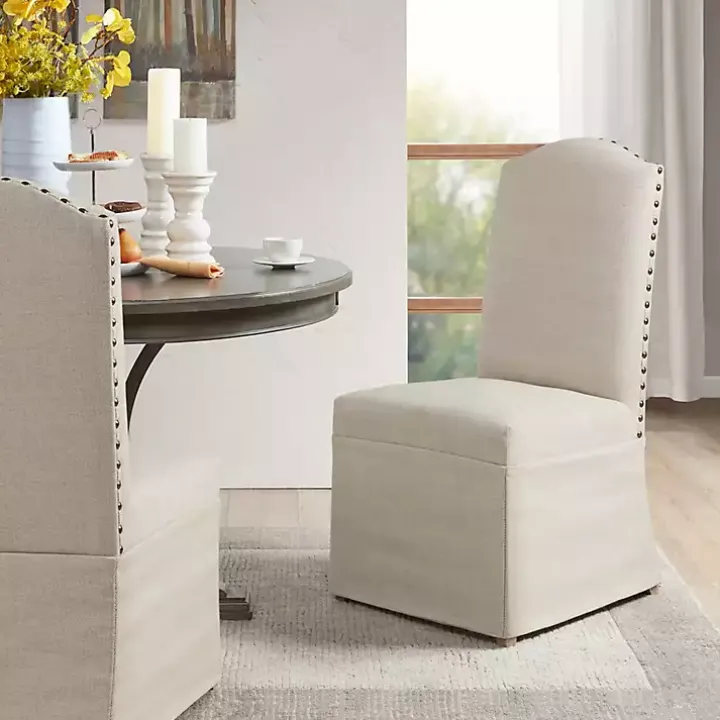 Beige High Back Skirted Dining Chairs, Set of 2