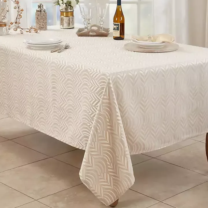 Beige Jacquard Leaf Tablecloth, 90 in.