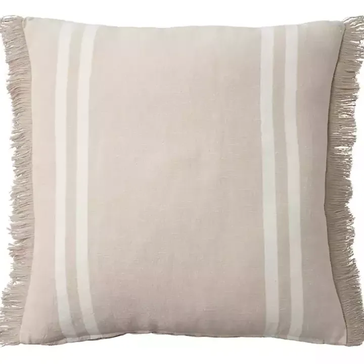 Beige Striped Linen Throw Pillow