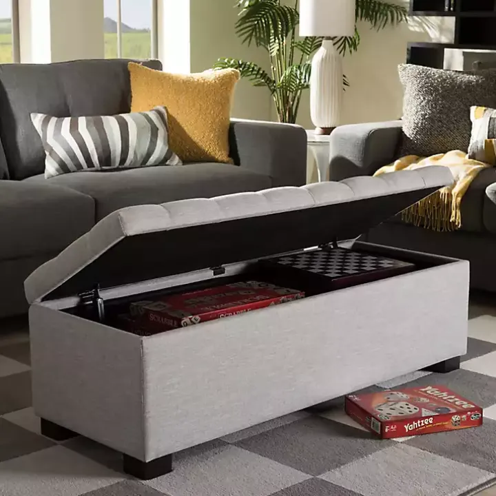 Beige Tufted Contemporary Storage Bench