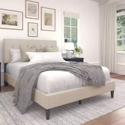 Beige Tufted Low Profile Platform Queen Bed