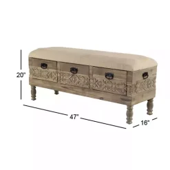 Beige Upholstered Acanthus Carved Wooden Bench