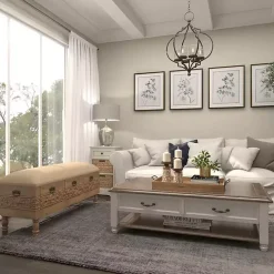 Beige Upholstered Acanthus Carved Wooden Bench