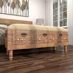 Beige Upholstered Acanthus Carved Wooden Bench