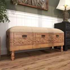 Beige Upholstered Acanthus Carved Wooden Bench