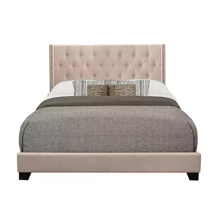 Beige Upholstered Button Tufted Wing Queen Bed
