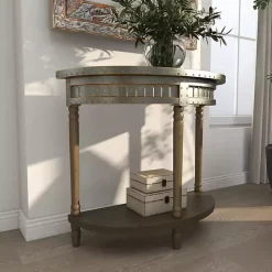 Beige Wood and Metal Half Moon Console Table