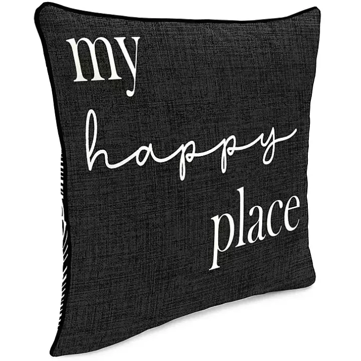 Black & White My Happy Place Outdoor Pillow