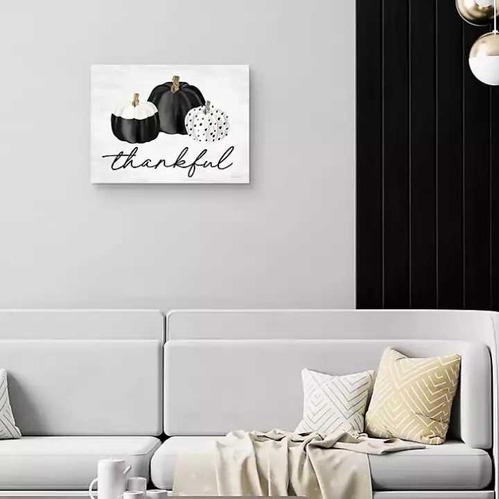 Black & White Pumpkins Thankful Canvas Art Print