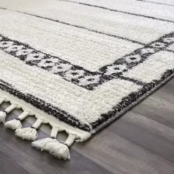 Black & White Striped Block Border Area Rug, 8x10