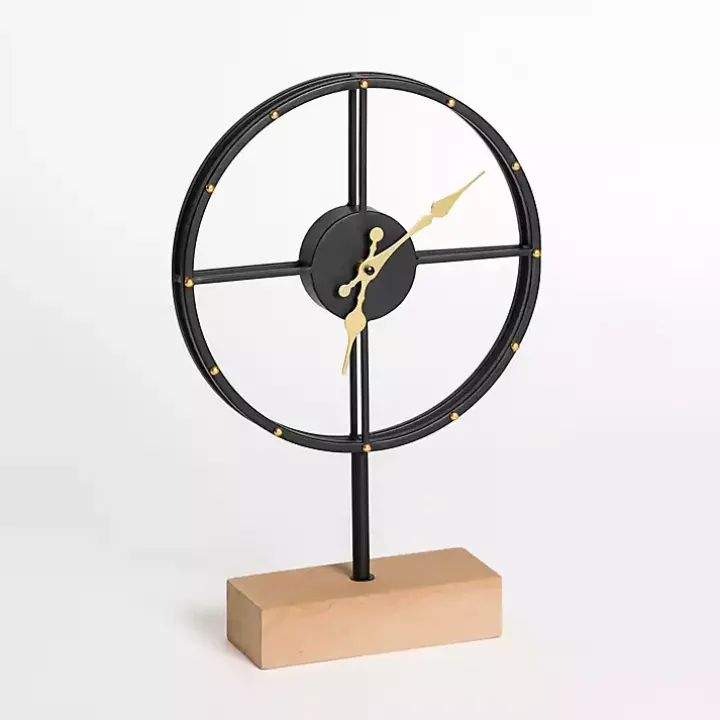 Black and Gold Metal Clock with Wooden Base