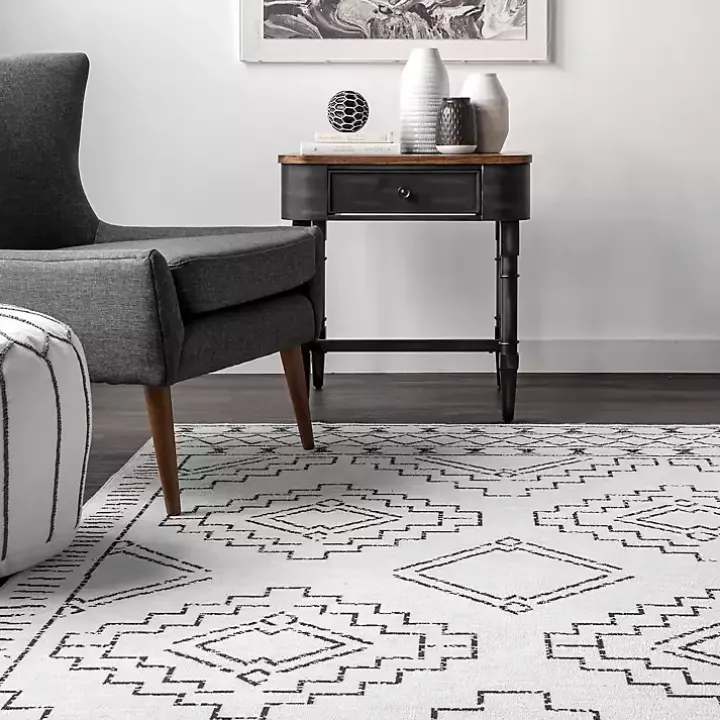 Black and Ivory Moroccan Washable Area Rug, 4x6
