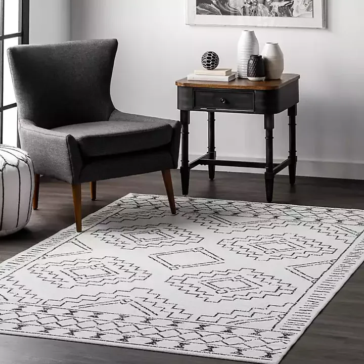Black and Ivory Moroccan Washable Area Rug, 5x8