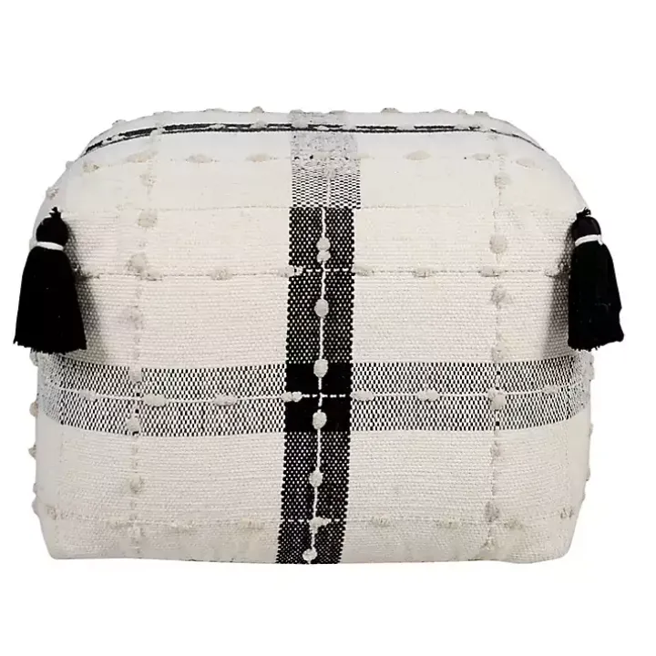 Black and Ivory Textured Plaid Pouf