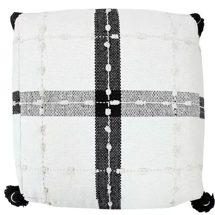 Black and Ivory Textured Plaid Pouf