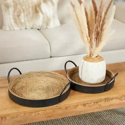 Black and Natural Wood Decorative Trays, Set of 2