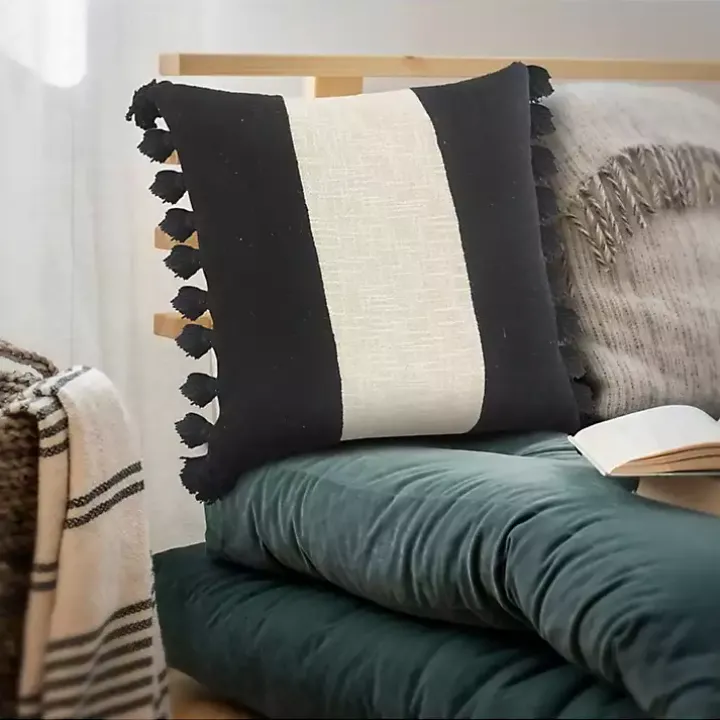Black and White Cotton Throw Pillow with Tassels