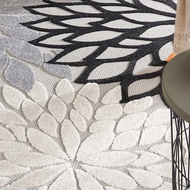 Black and White Floral Outdoor Area Rug, 7x10