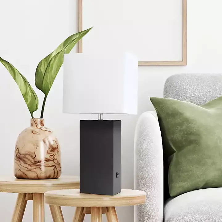 Black Faux Leather Charging Table Lamp