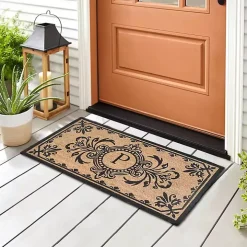 Black Fleur De Lis Monogram P Doormat