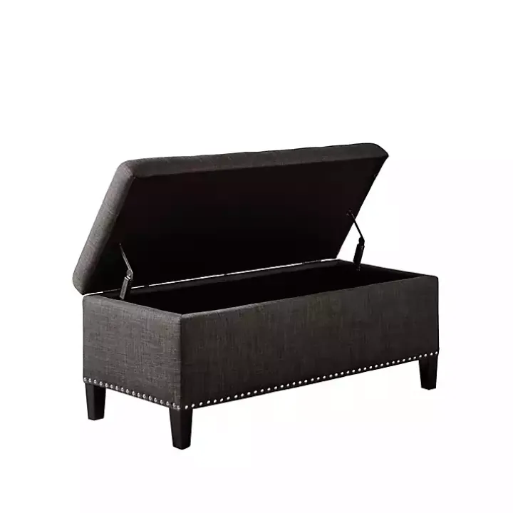 Black Linen Button Tufted Storage Bench