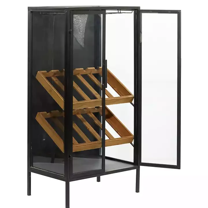 Black Metal and Brown Wood Standing Wine Rack
