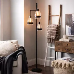 Black Metal and Glass Globe 3-Arm Floor Lamp