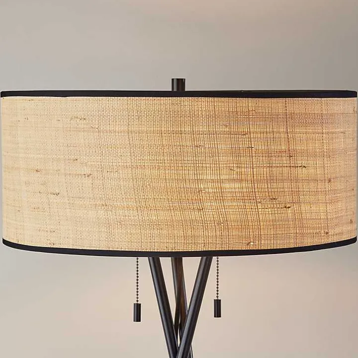 Black Metal and Rattan Tripod Floor Lamp