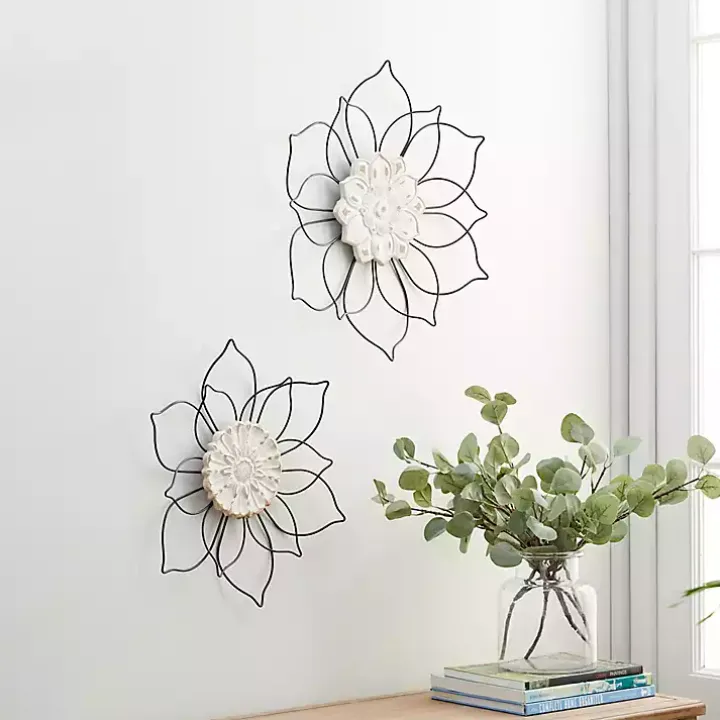 Black Metal and Wood Floral Wall Plaques, Set of 2
