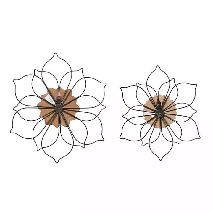Black Metal and Wood Floral Wall Plaques, Set of 2