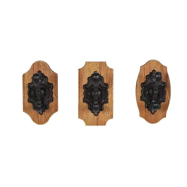Black Metal and Wood Wall Hooks, Set of 3