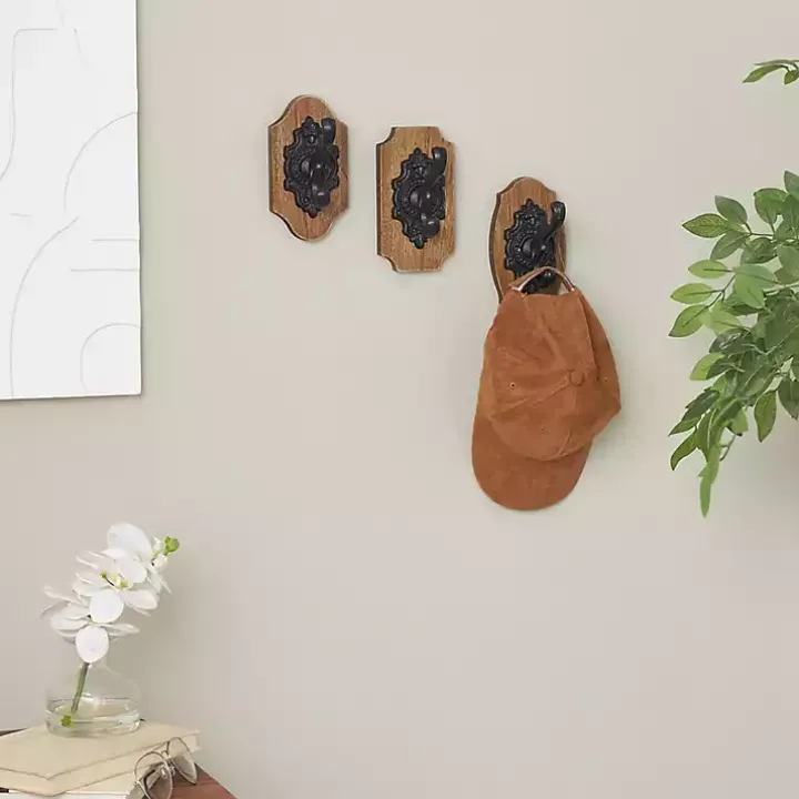 Black Metal and Wood Wall Hooks, Set of 3